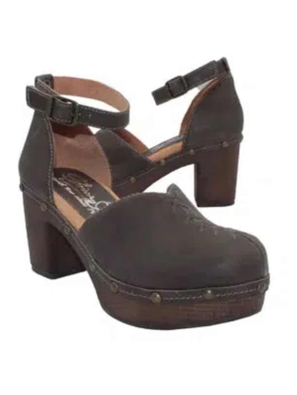 Sbicca Donernail Charcoal Leather Mary Jane Clog Heels, size 8